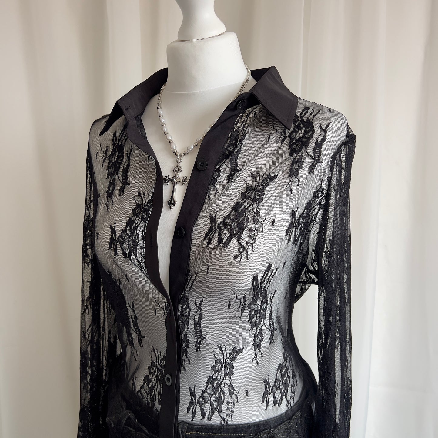 90s Sheer Lace Shirt - Size L