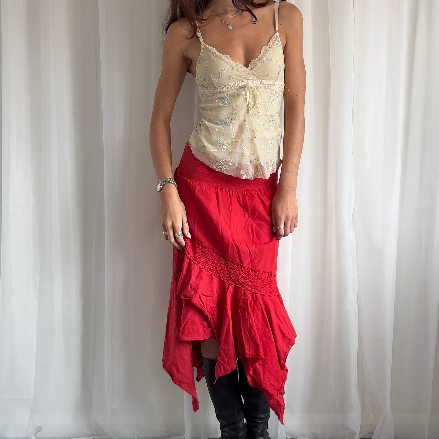 90s Boho Asymmetric Layered Midi Skirt - Size M