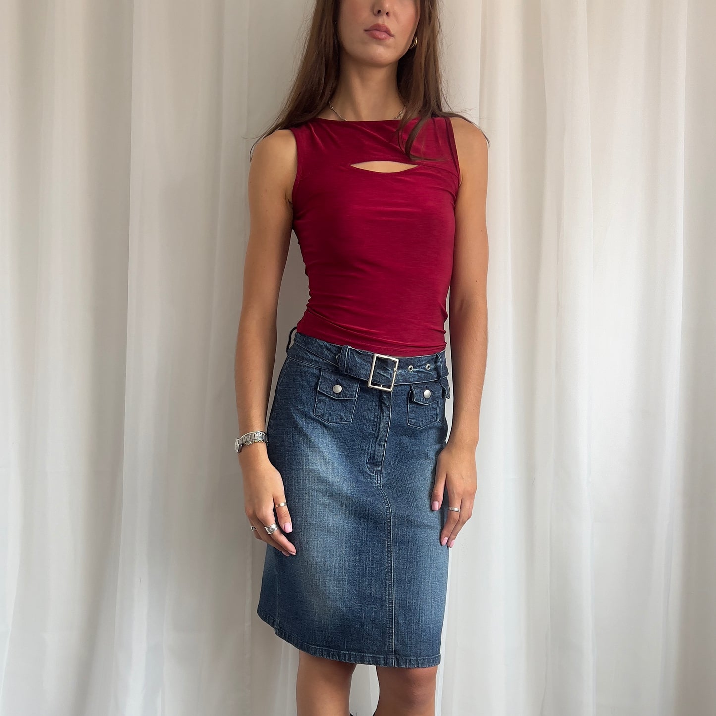 00s Buckle Denim Midi Skirt - Size XS