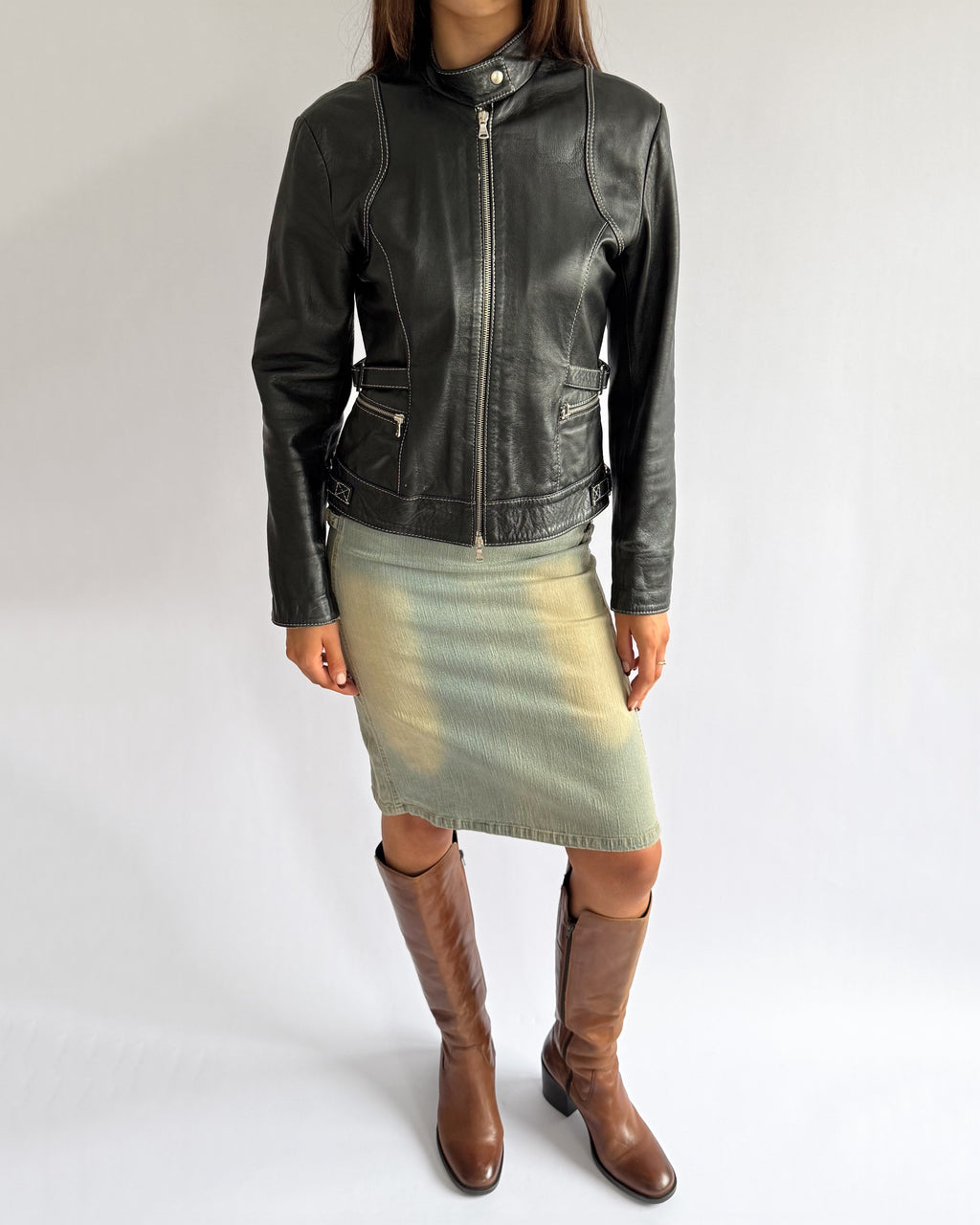 Genuine Leather Double Zip Jacket - Size L