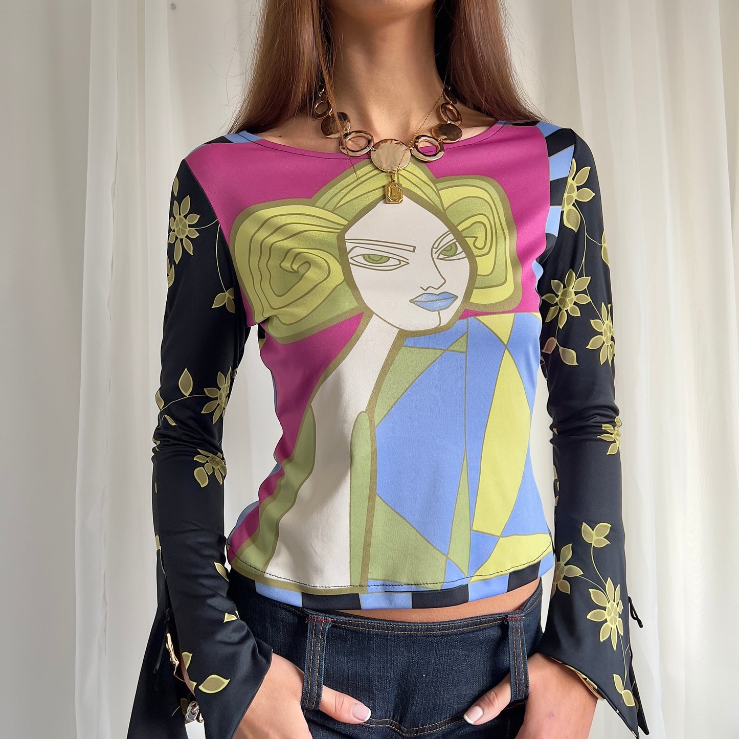 90s Graphic Flared Sleeve Top - Size S