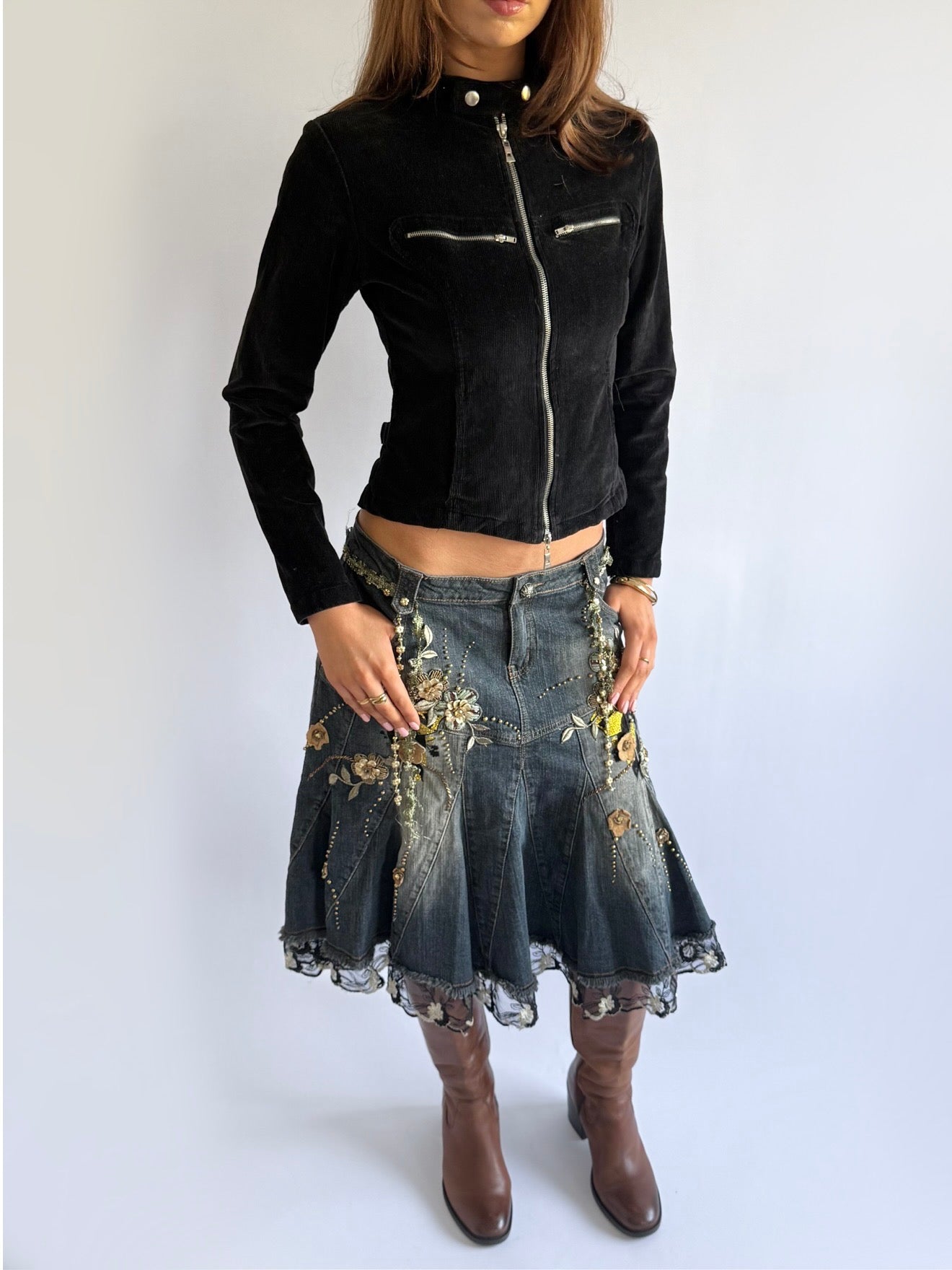 Corduroy Double Zip Up Jacket - Size S