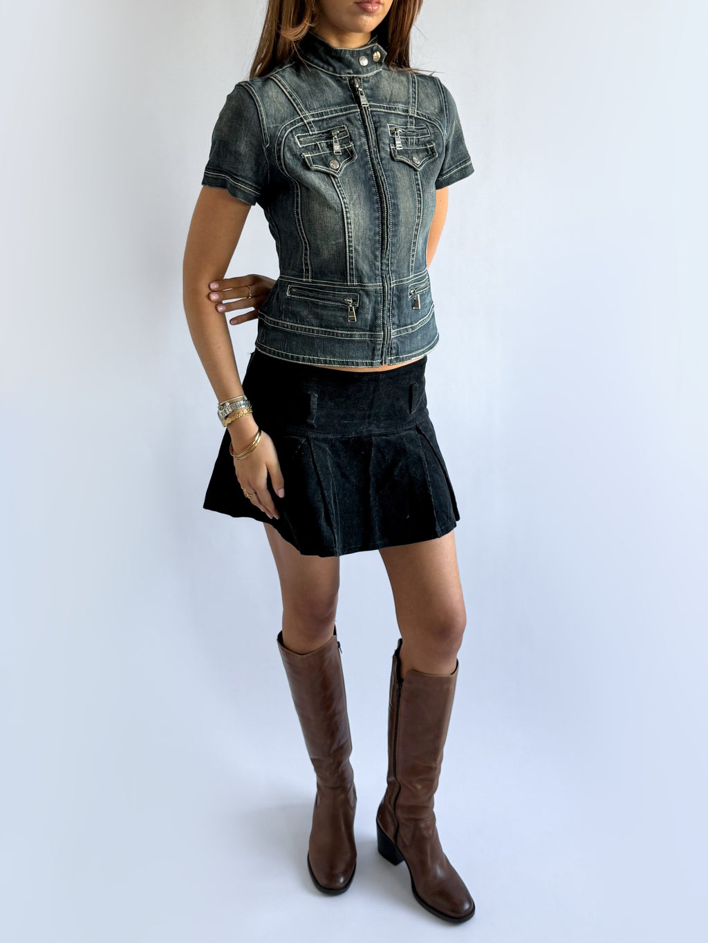 Corduroy Pleated Mini Skirt - Size M