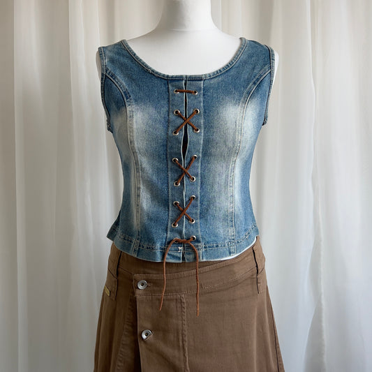 00s Denim Lace Up Crop Top - Size M