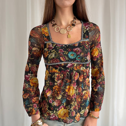 90s Floral Sheer Top - Size S