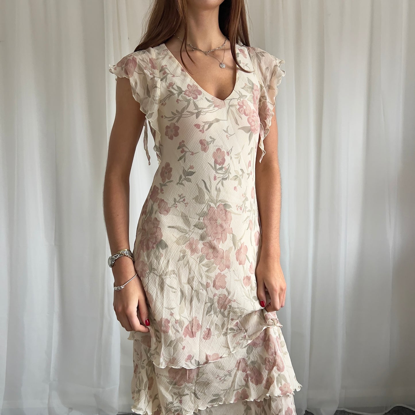 90s Floral Ruffle Midi Dress - Size M