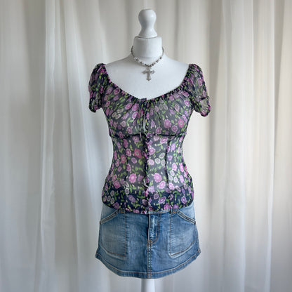 90s Floral Milkmaid Crop Top - Size S