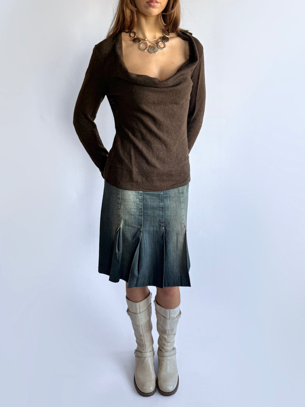 Wool Knit Cowl Neck Jumper - Size L