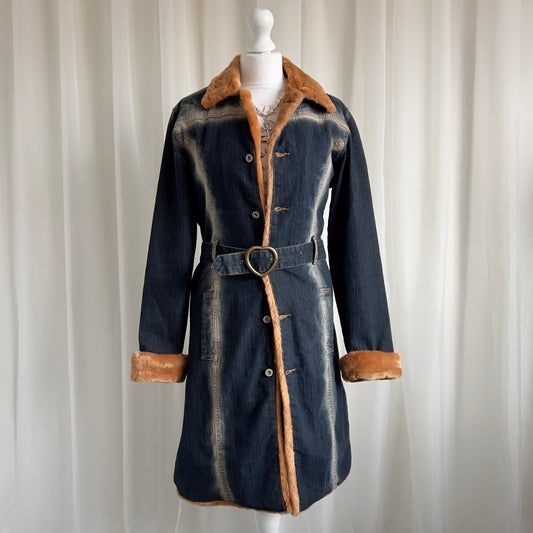 90s Denim & Faux Fur Trench Coat - Size M