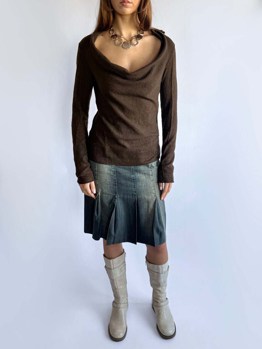 Wool Knit Cowl Neck Jumper - Size L