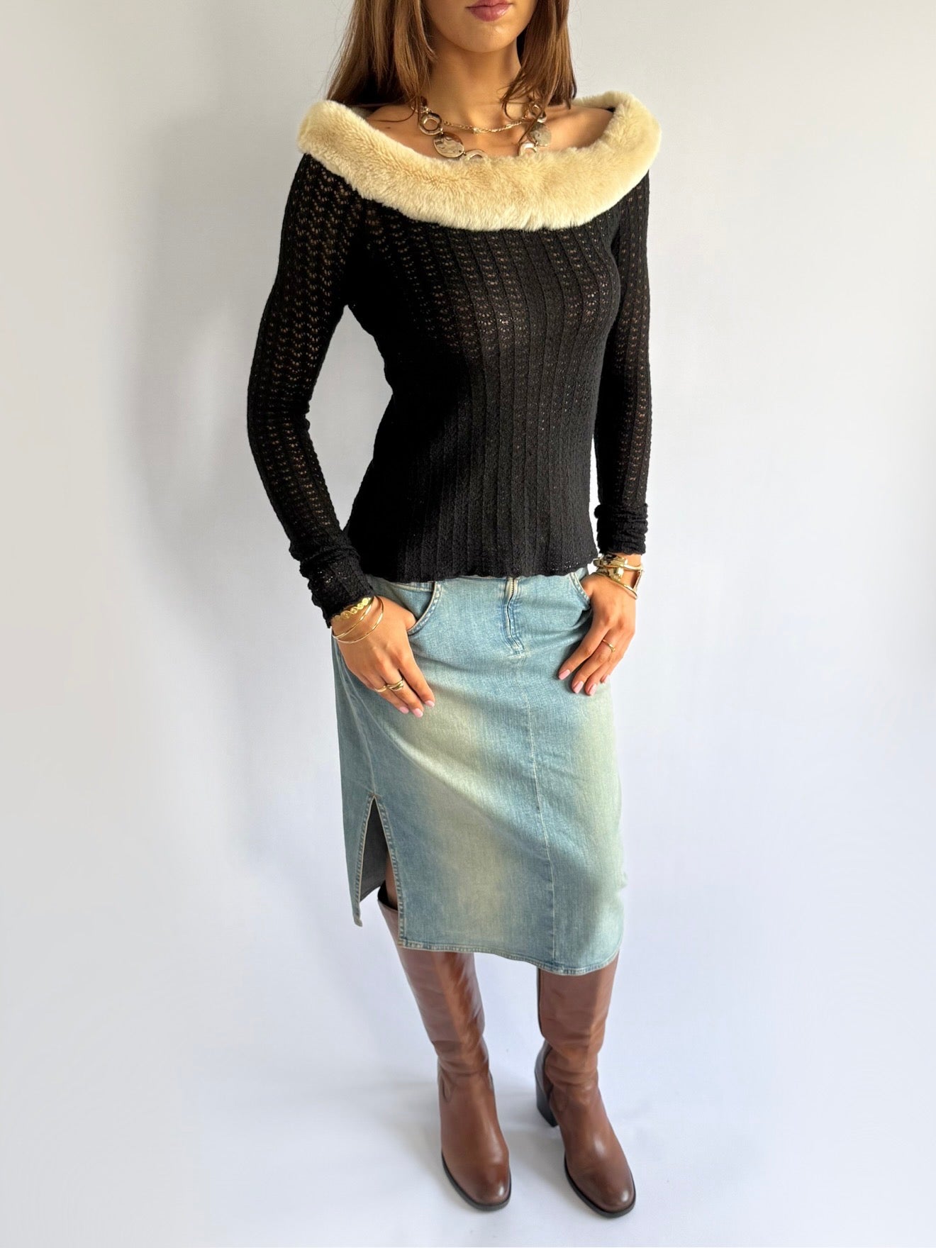 Blumarine Knit Faux Fur Bardot Jumper - Size M