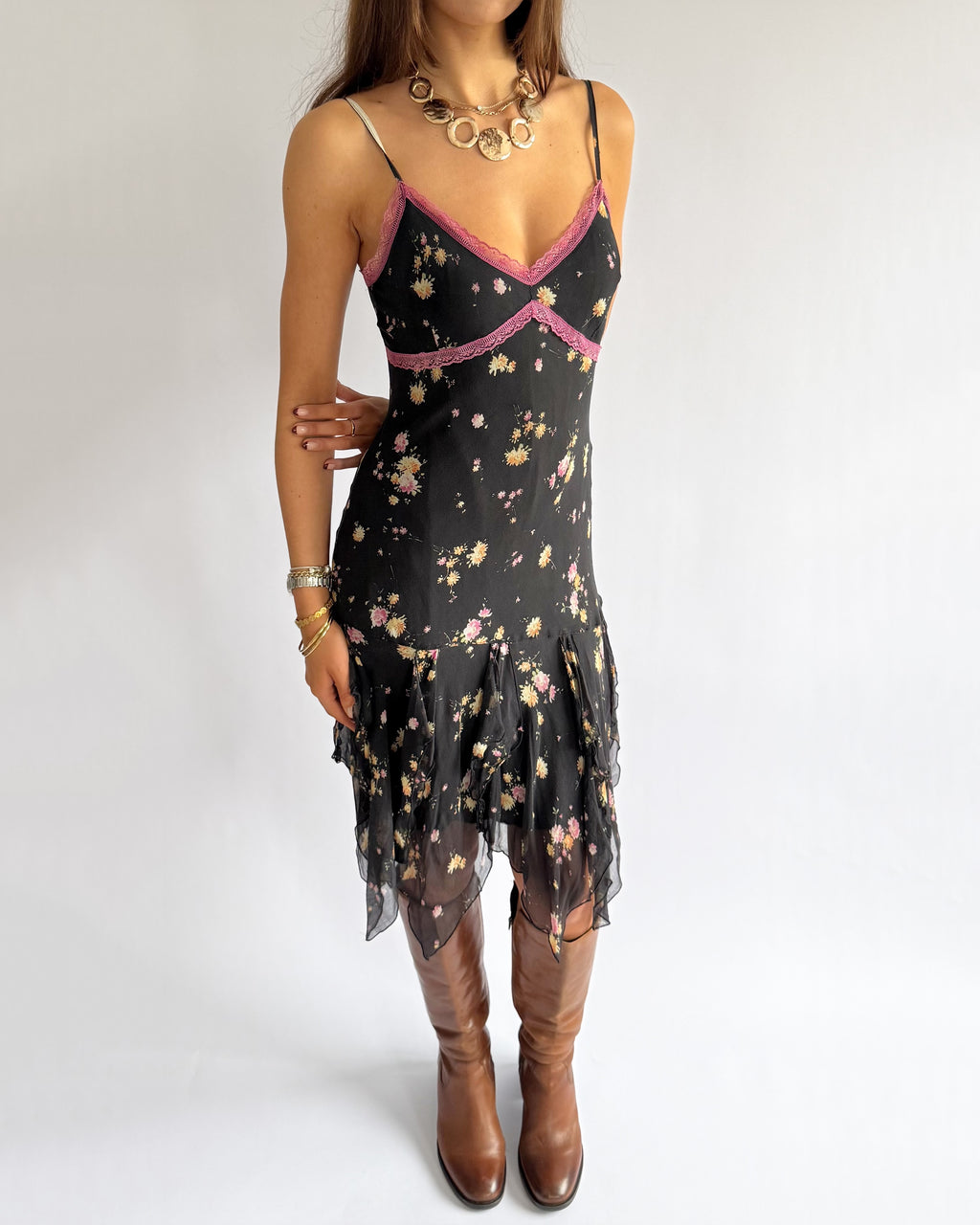 100% Silk Floral Asymmetric Midi Dress - Size L