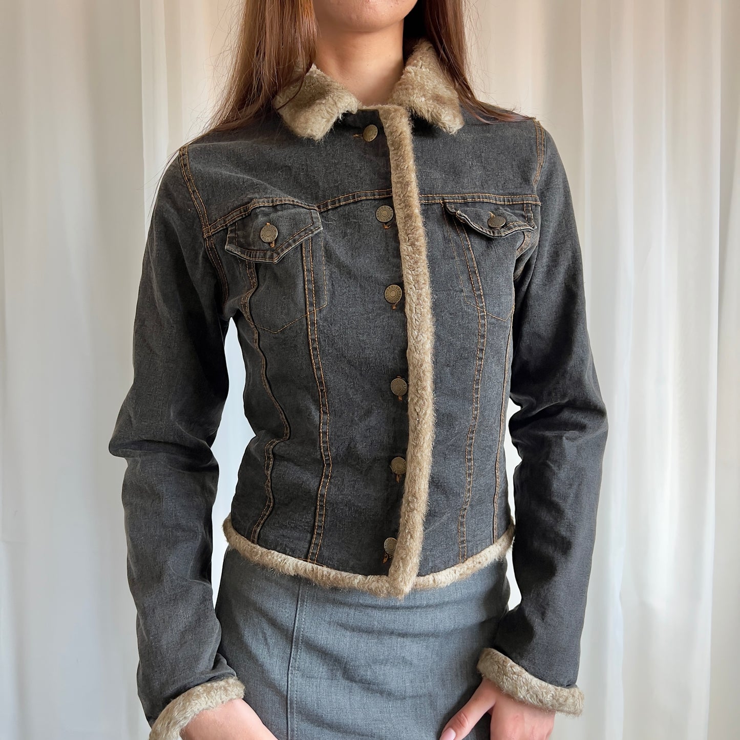 90s Denim & Faux Fur Button Up Jacket - Size M