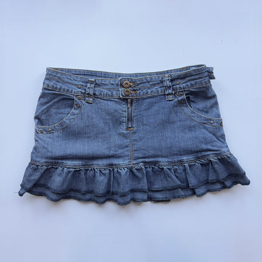 00s Denim Ruffle Mini Skirt - Size L