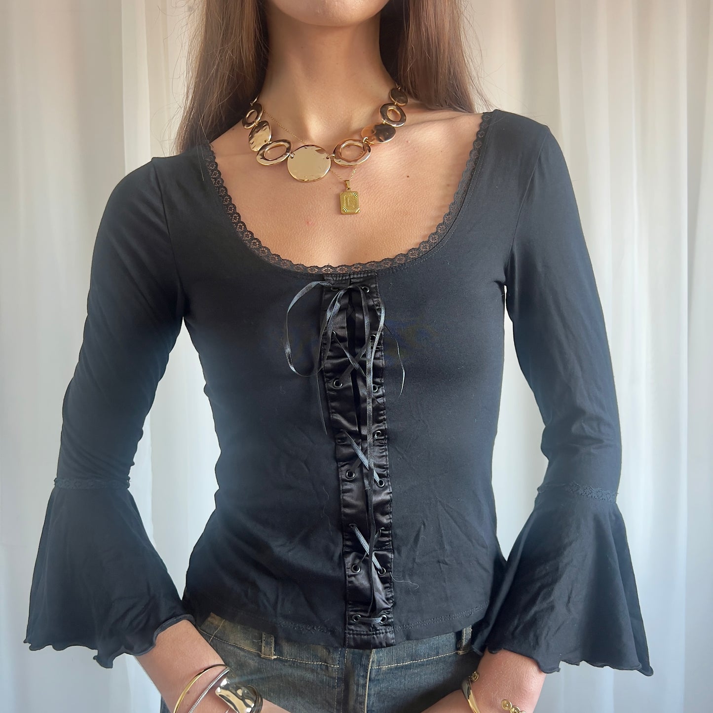 90s Lace Up Milkmaid Top - Size M