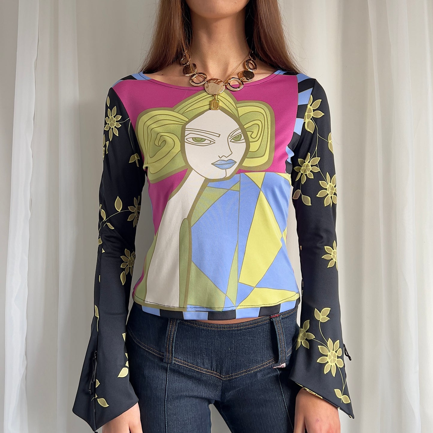 90s Graphic Flared Sleeve Top - Size S