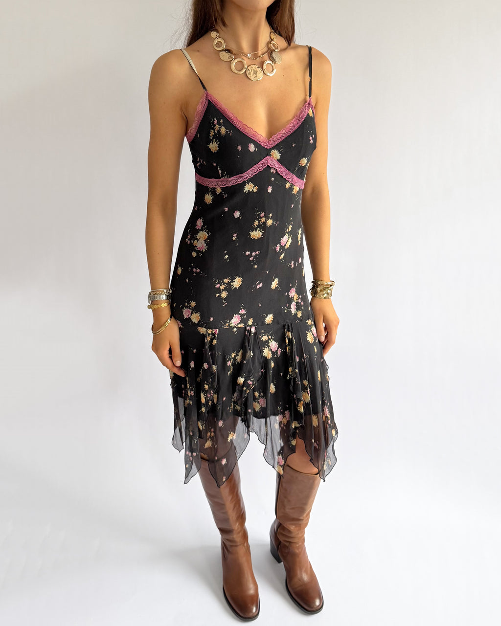 100% Silk Floral Asymmetric Midi Dress - Size L