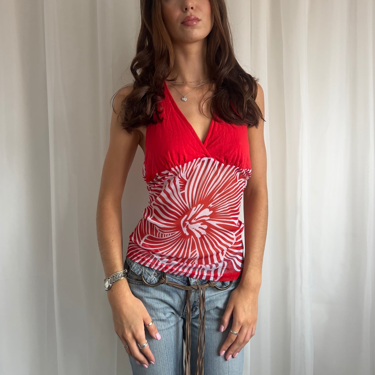 90s Sheer Floral Halter Top - Size M