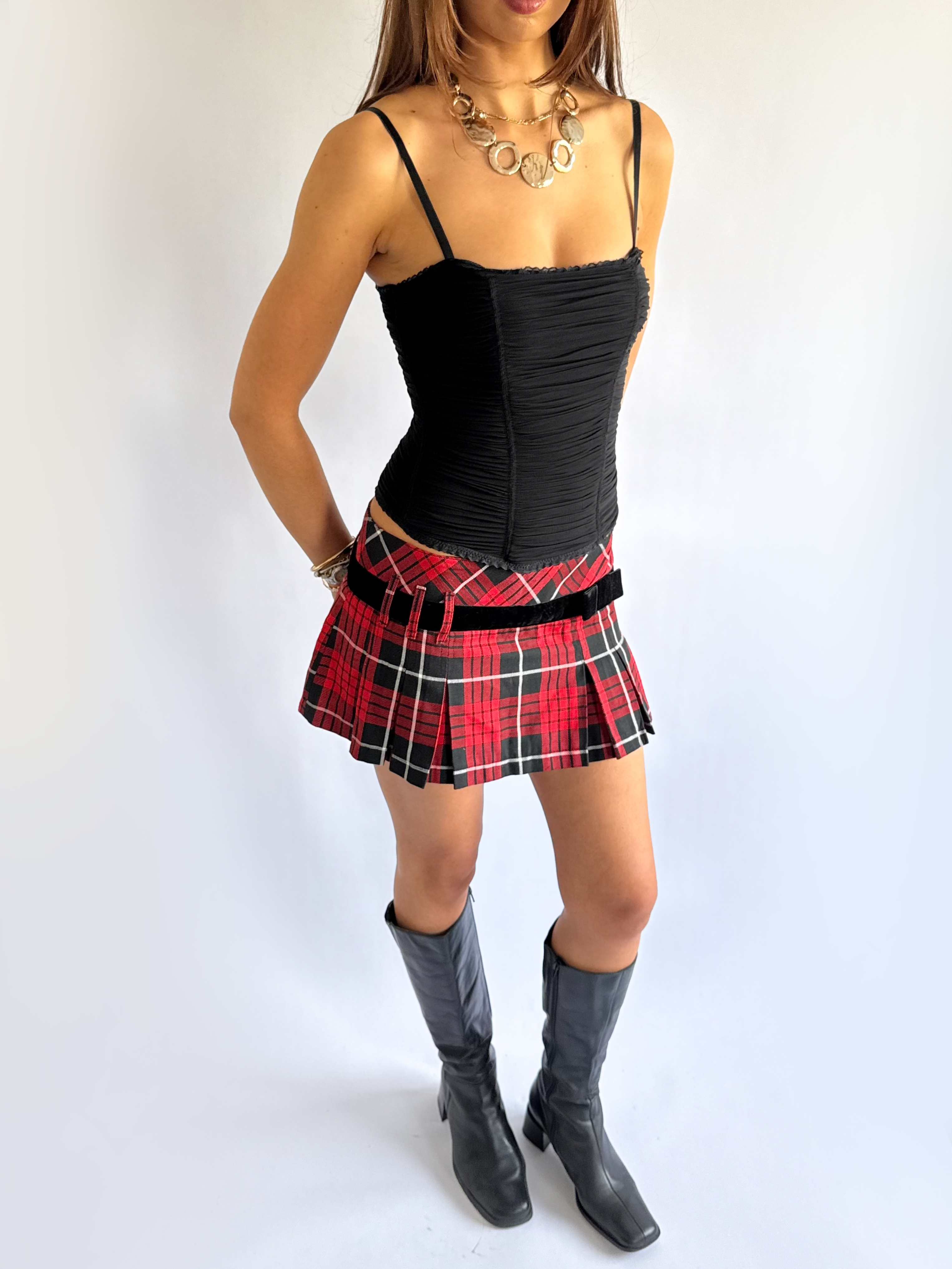 Plaid Pleated Micro Mini Skirt - Size S