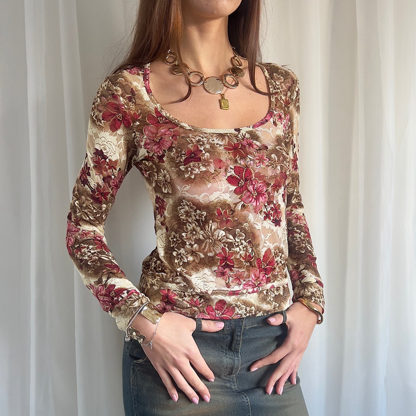 90s Floral Lace Long Sleeve - Size M