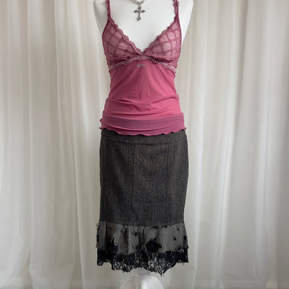 90s Tweed & Lace Asymmetric Midi Skirt - Size L