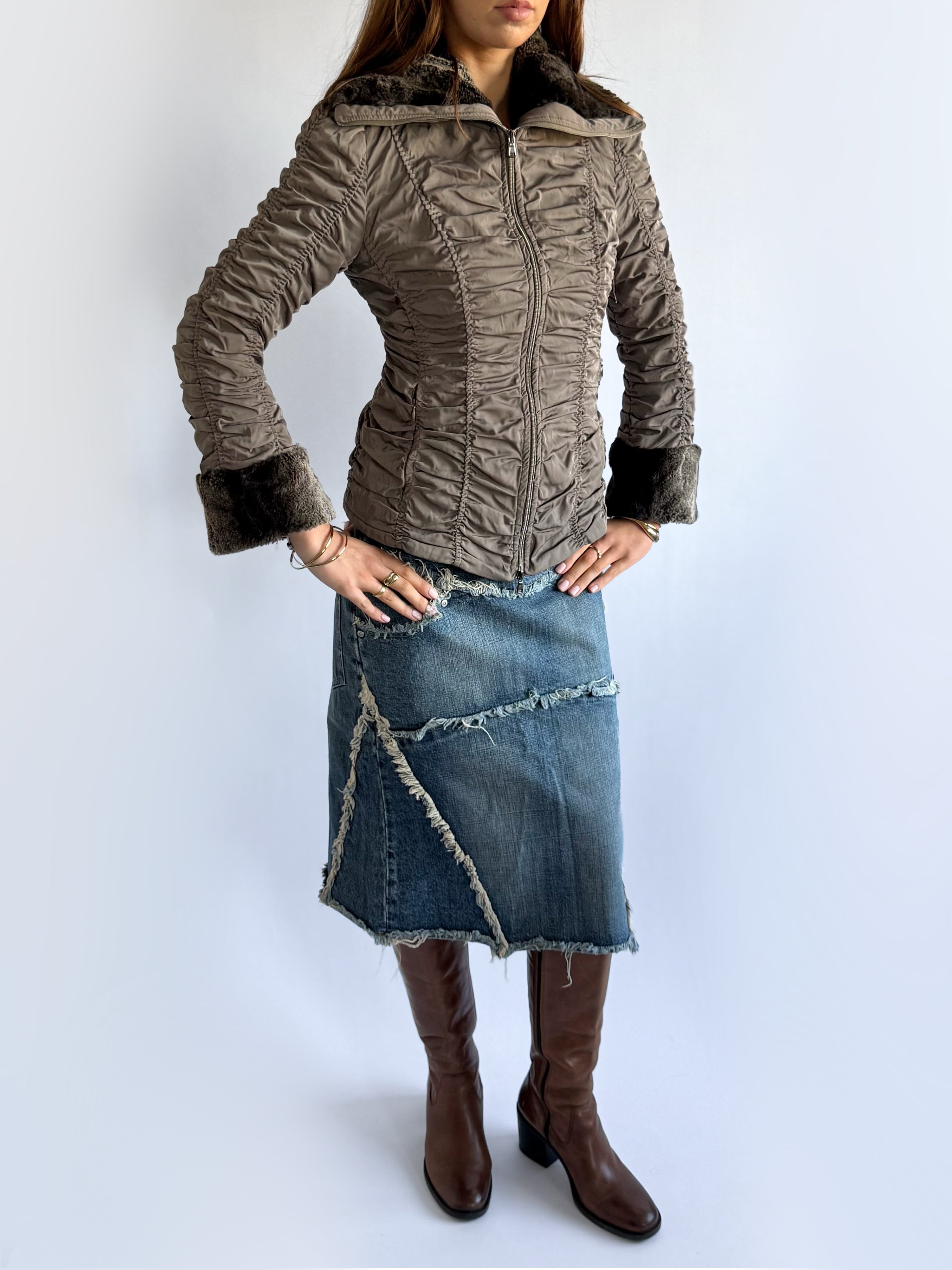 Faux Fur Ruched Puffer Jacket - Size S