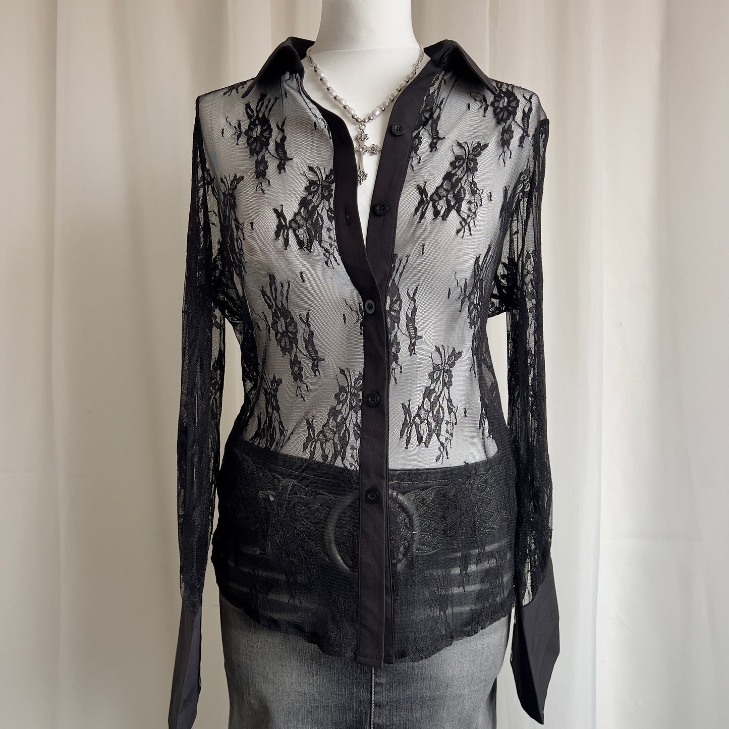 90s Sheer Lace Shirt - Size L