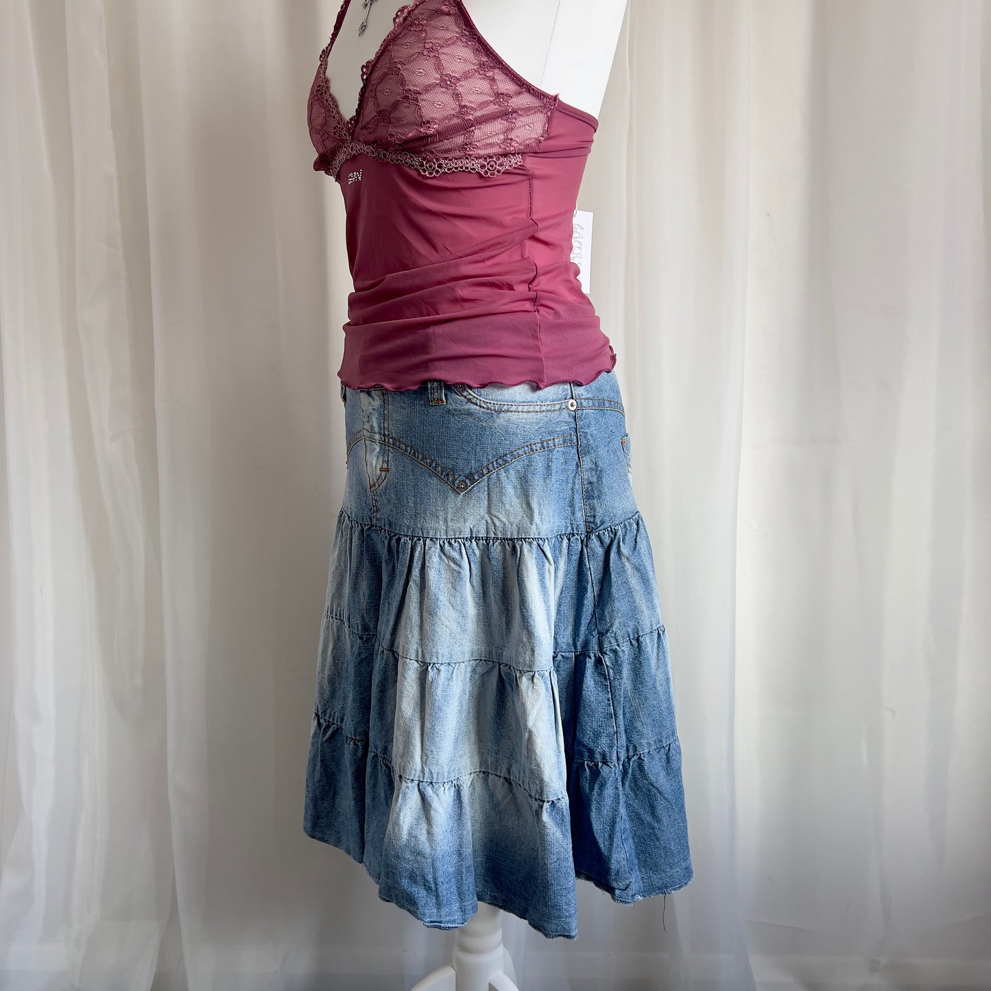 00s Denim Tiered Midi Skirt - Size M