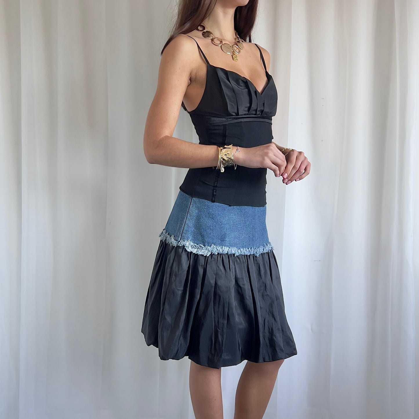 90s Denim Puff Ball Midi Skirt - Size M