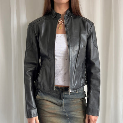 90s Genuine Leather Lace Up Zip Jacket - Size M