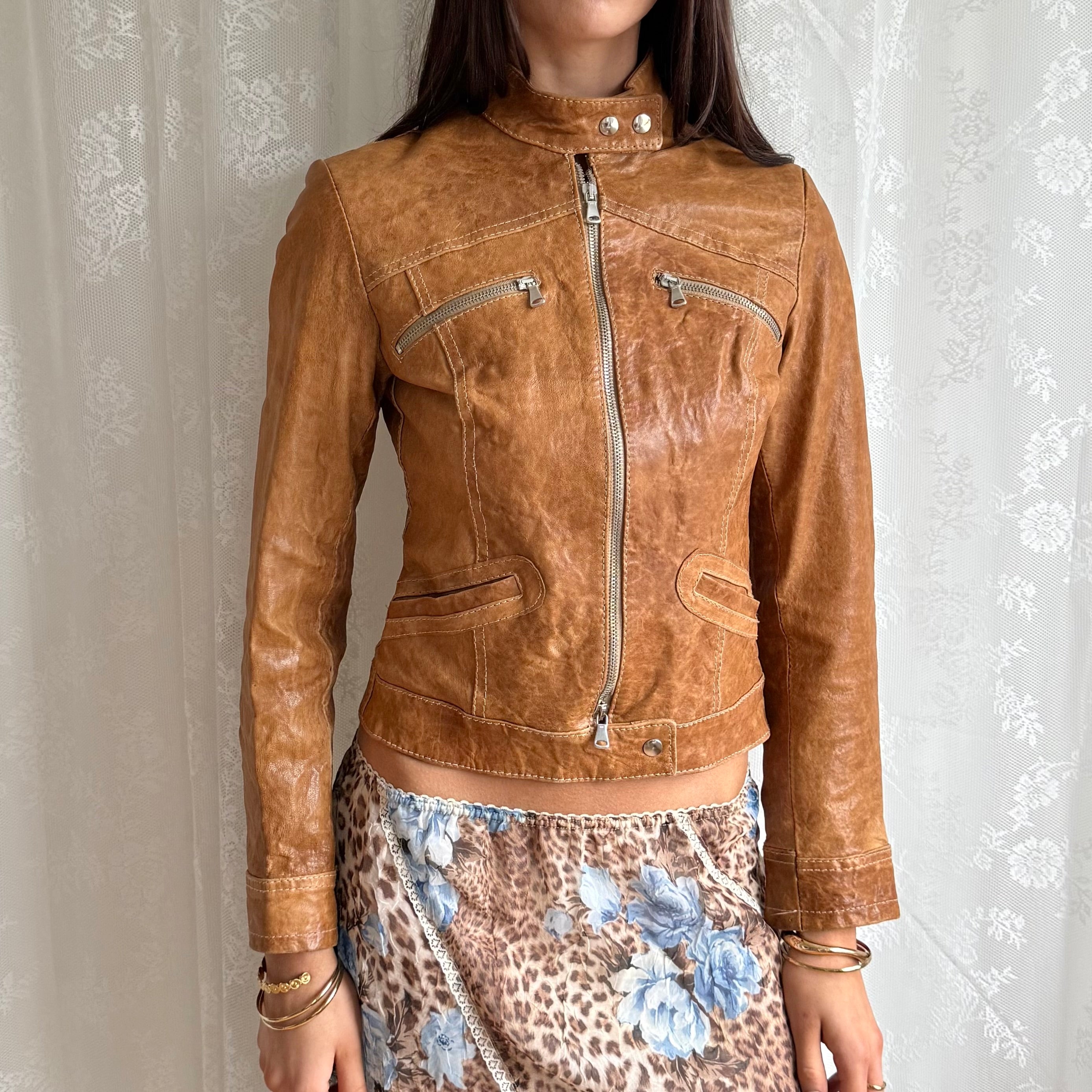 Genuine Leather Double Zip Jacket - Size S