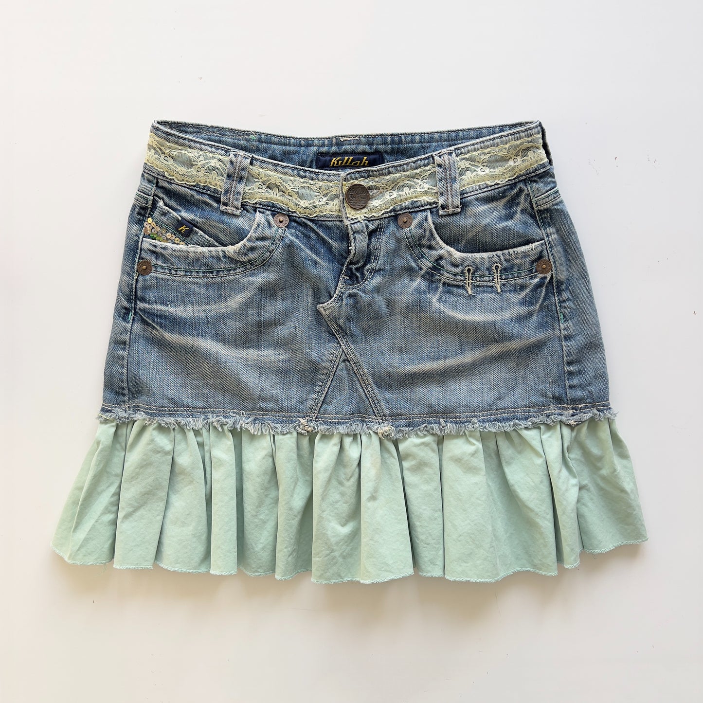 00s Killah Denim Ruffle Lace Mini Skirt - Size S