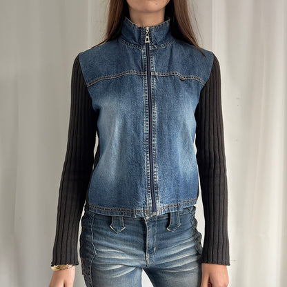 90s Denim & Knit Zip Up Jacket - Size M