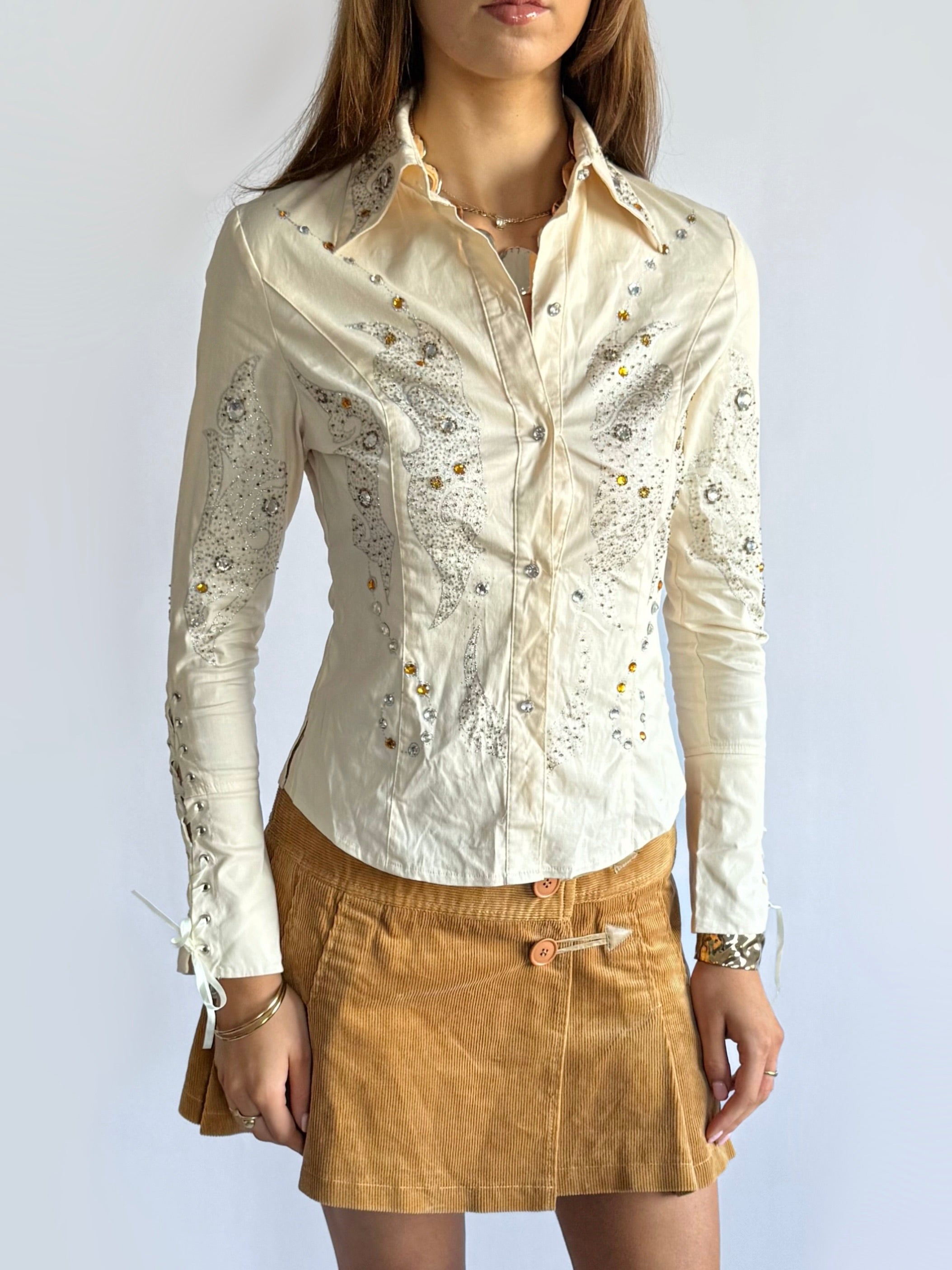 Rhinestone Lace Up Shirt - Size S