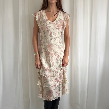 90s Floral Ruffle Midi Dress - Size M