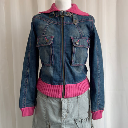 90s Denim & Knit Zip Up Jacket - Size L