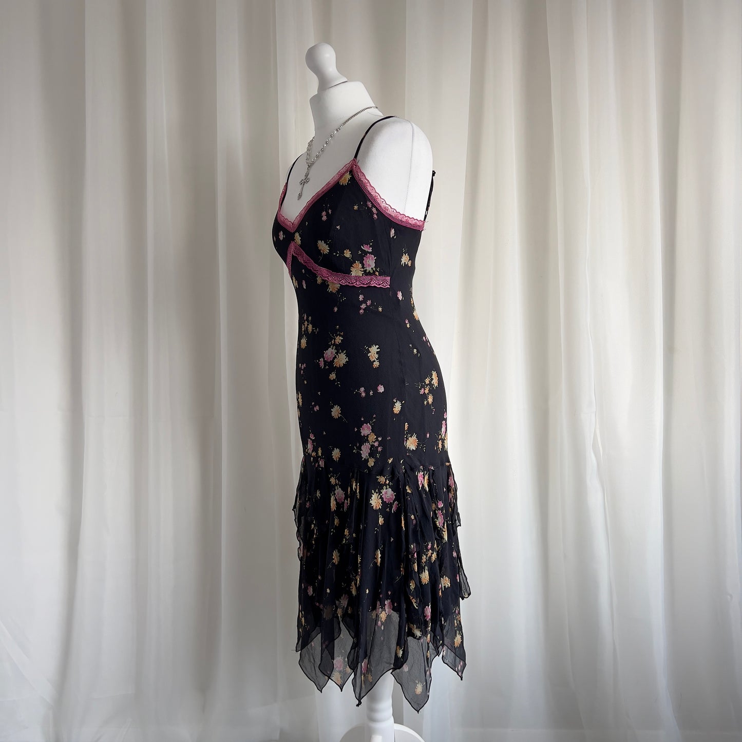 90s Floral Lace Asymmetric Midi Dress - Size M