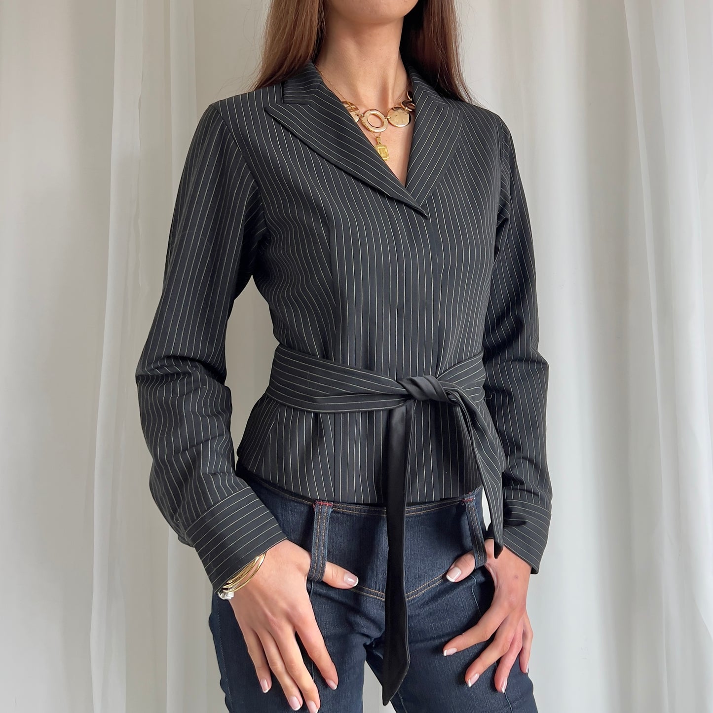 00s Pinstripe Tie Blazer Jacket - Size XS