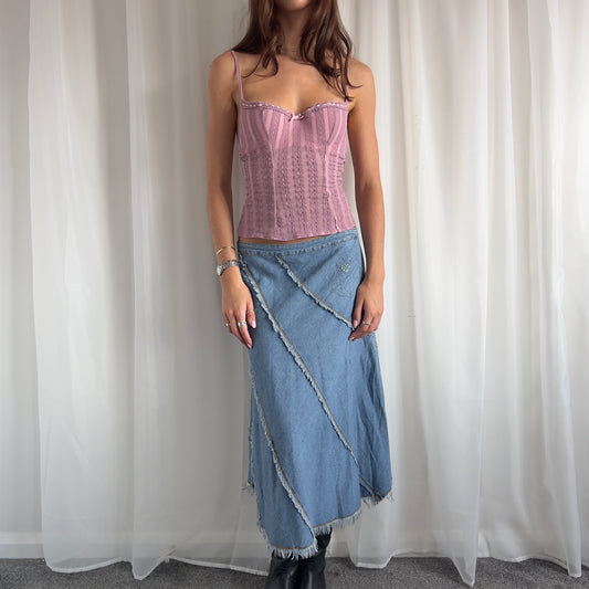 90s Denim Embroidered Midi Skirt - Size L