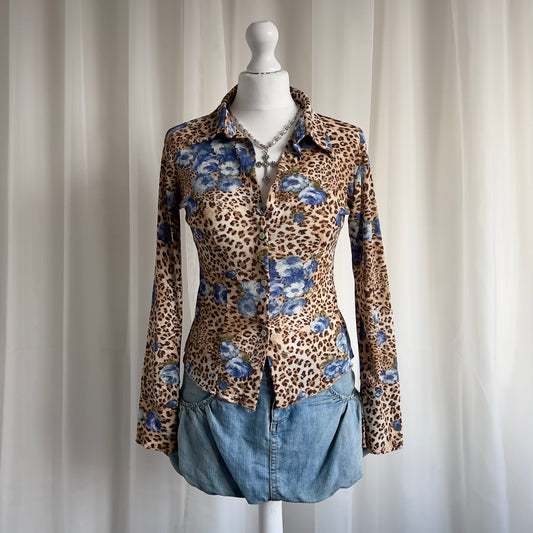 90s Floral Leopard Mesh Shirt - Size M