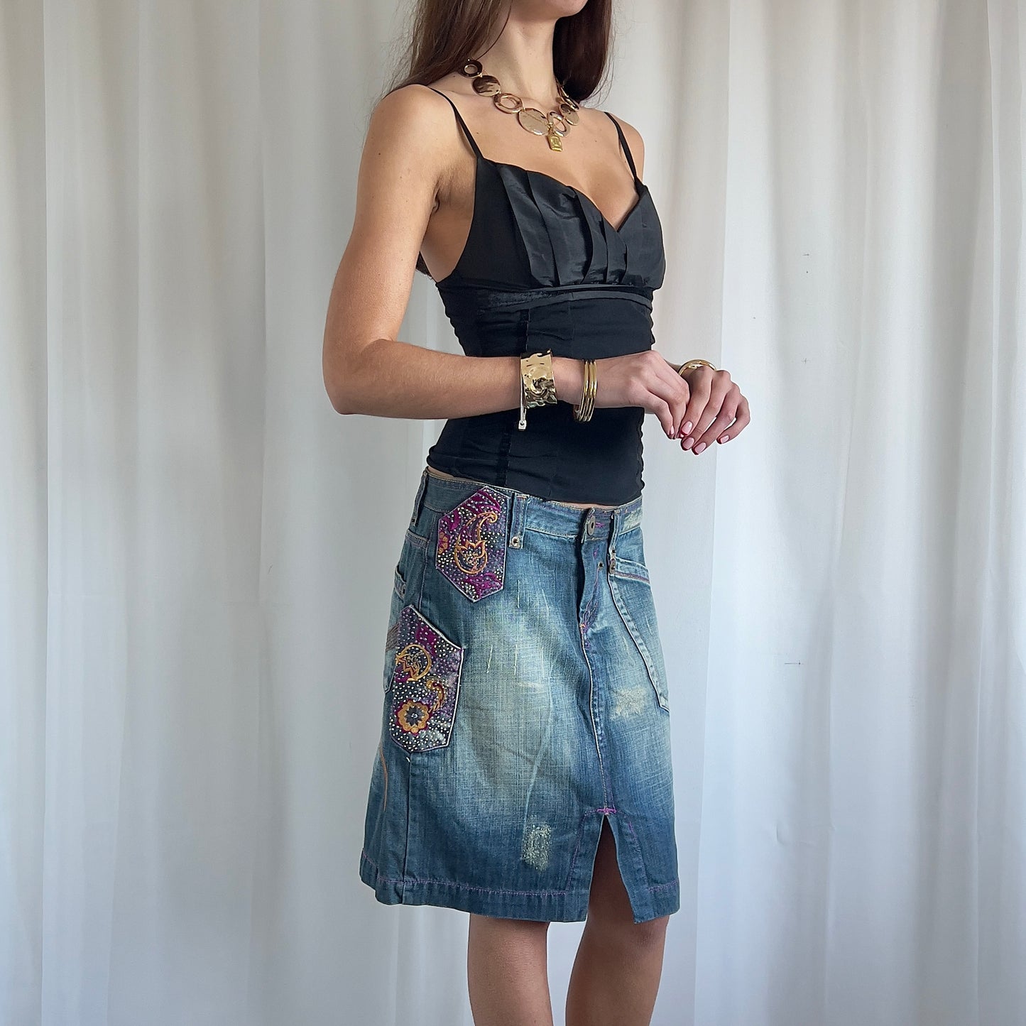 00s Embroidered Denim Midi Skirt - Size L