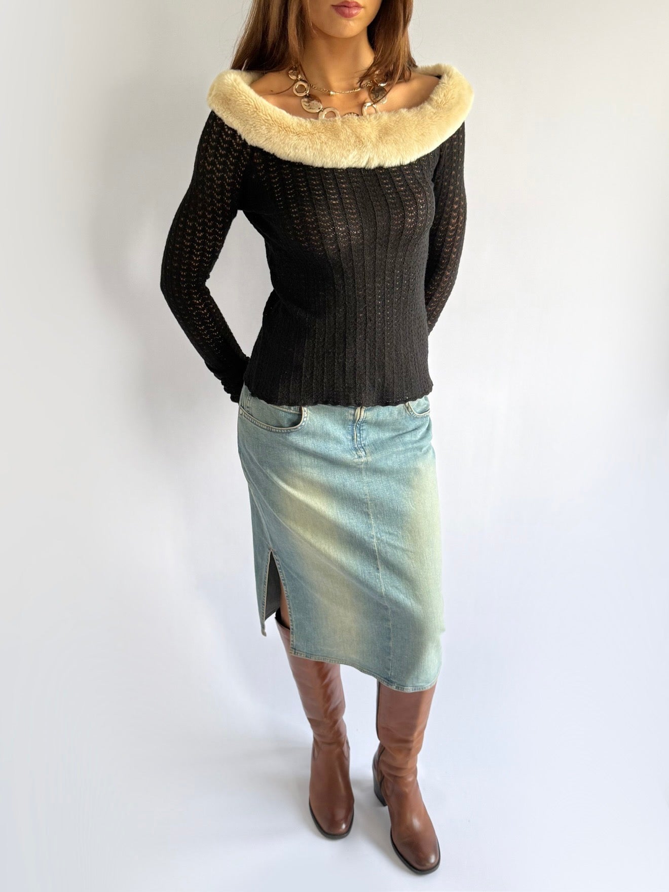 Blumarine Knit Faux Fur Bardot Jumper - Size M