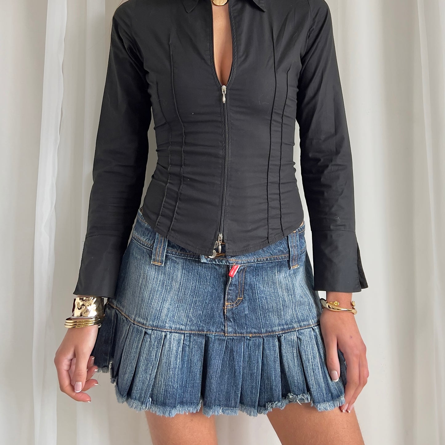 90s Pleated Denim Micro Skirt - Size M