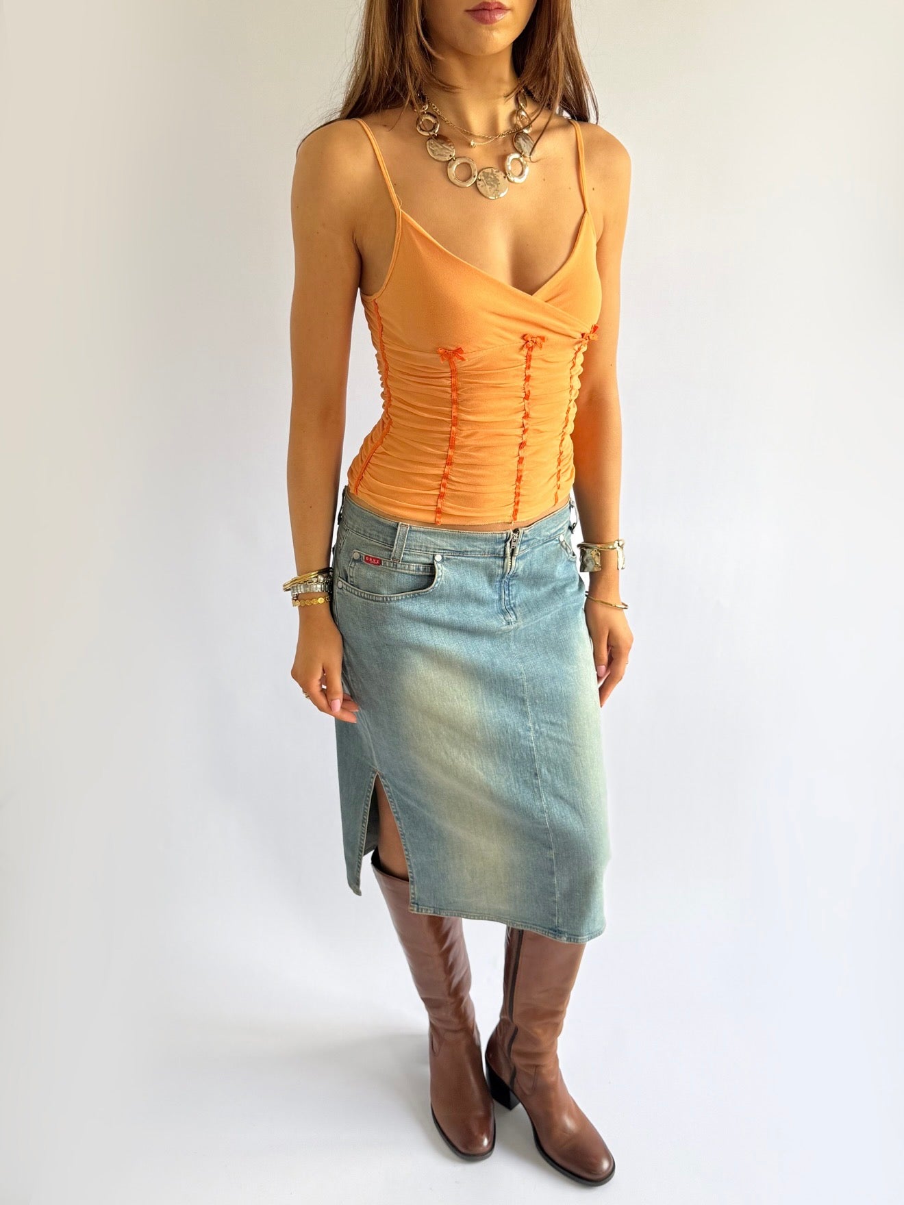 Ruched Mesh Bow Cami - Size XS