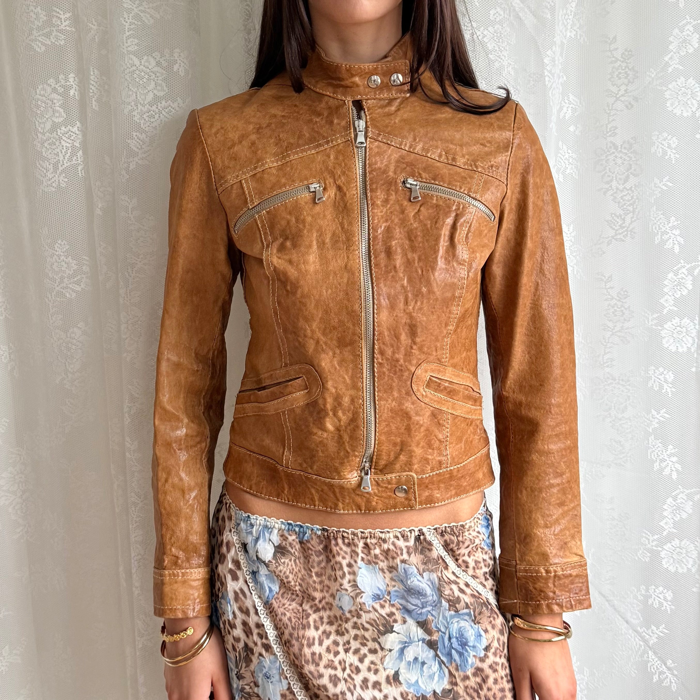 Genuine Leather Double Zip Jacket - Size S
