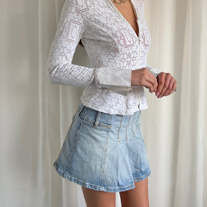 90s Denim Pleated Mini Skirt - Size L