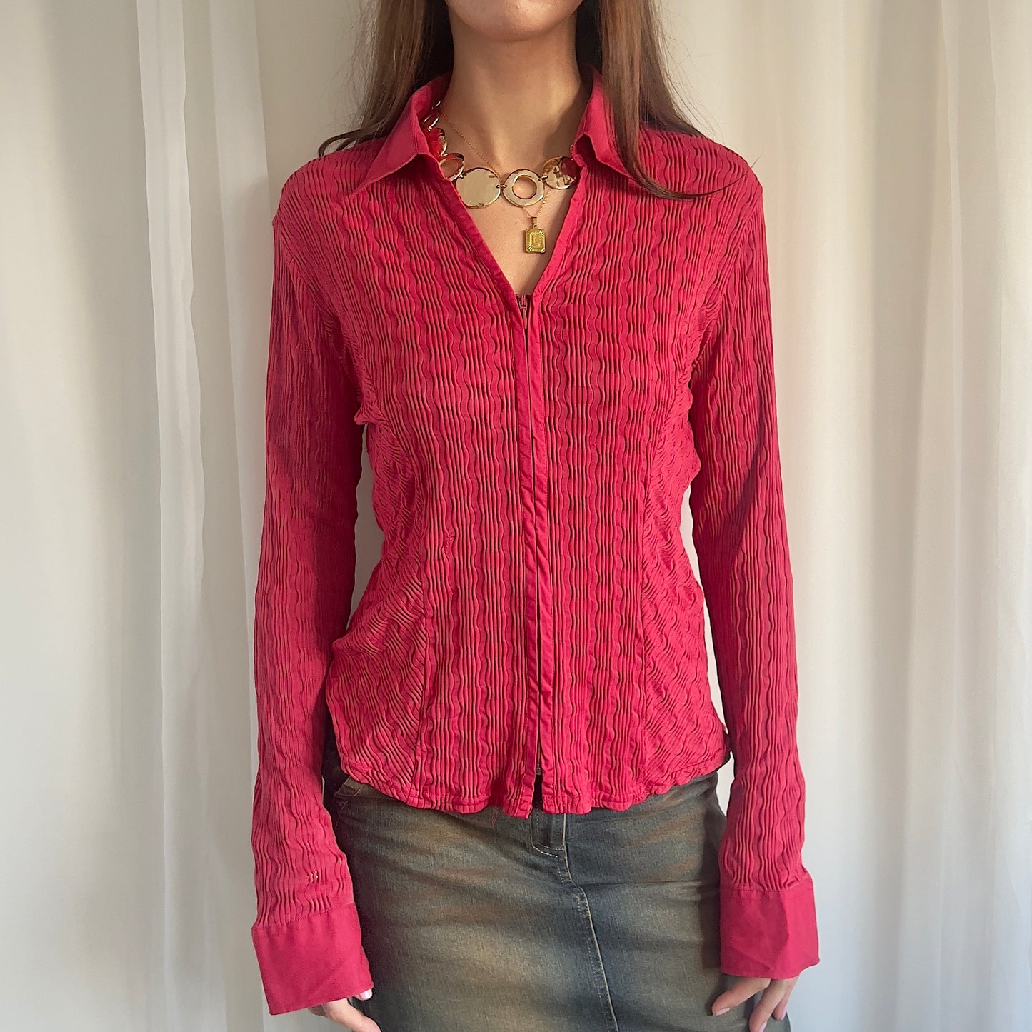 90s Sheer Zip Up Shirt - Size L