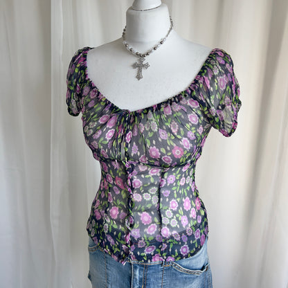 90s Floral Milkmaid Crop Top - Size S