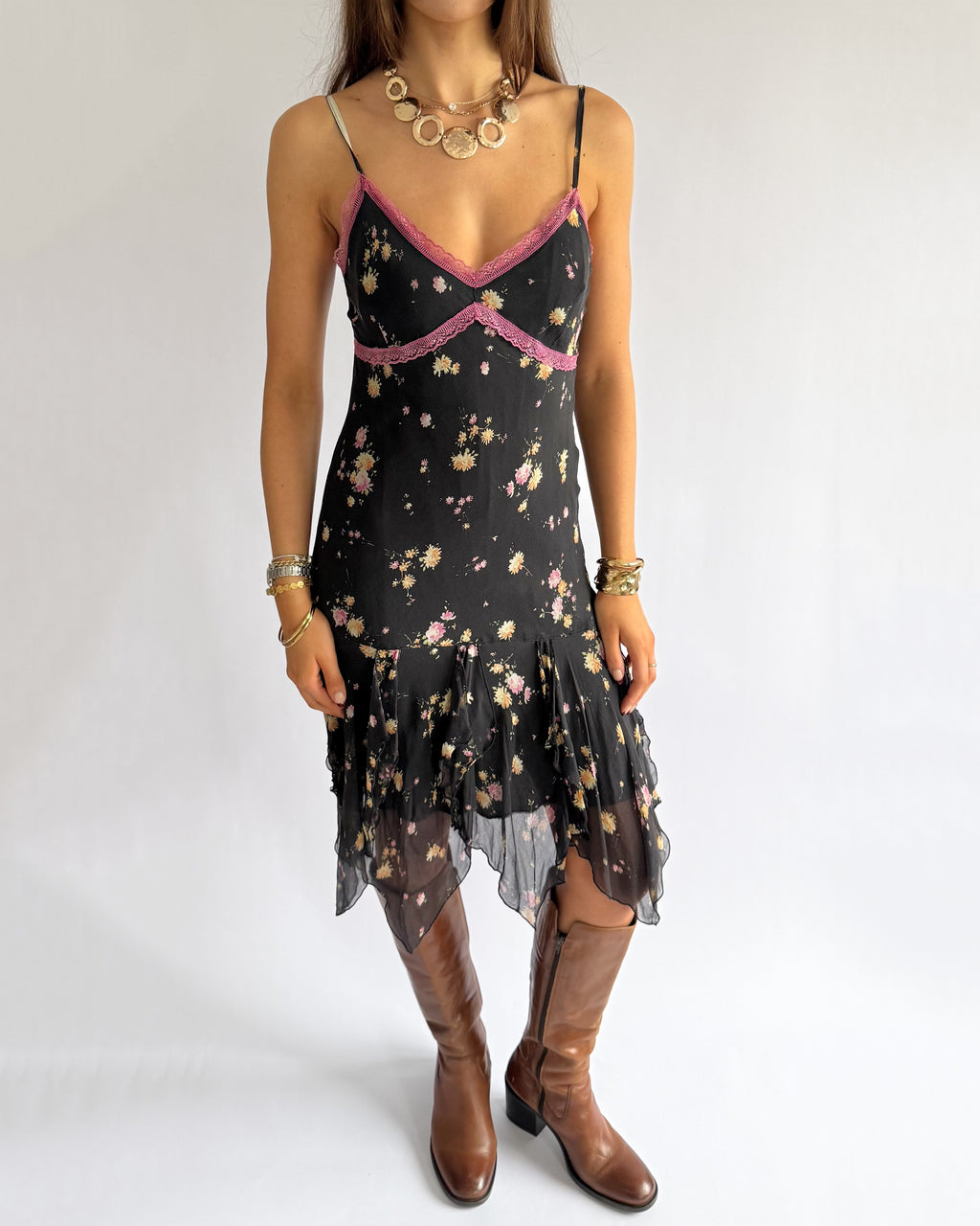 100% Silk Floral Asymmetric Midi Dress - Size L