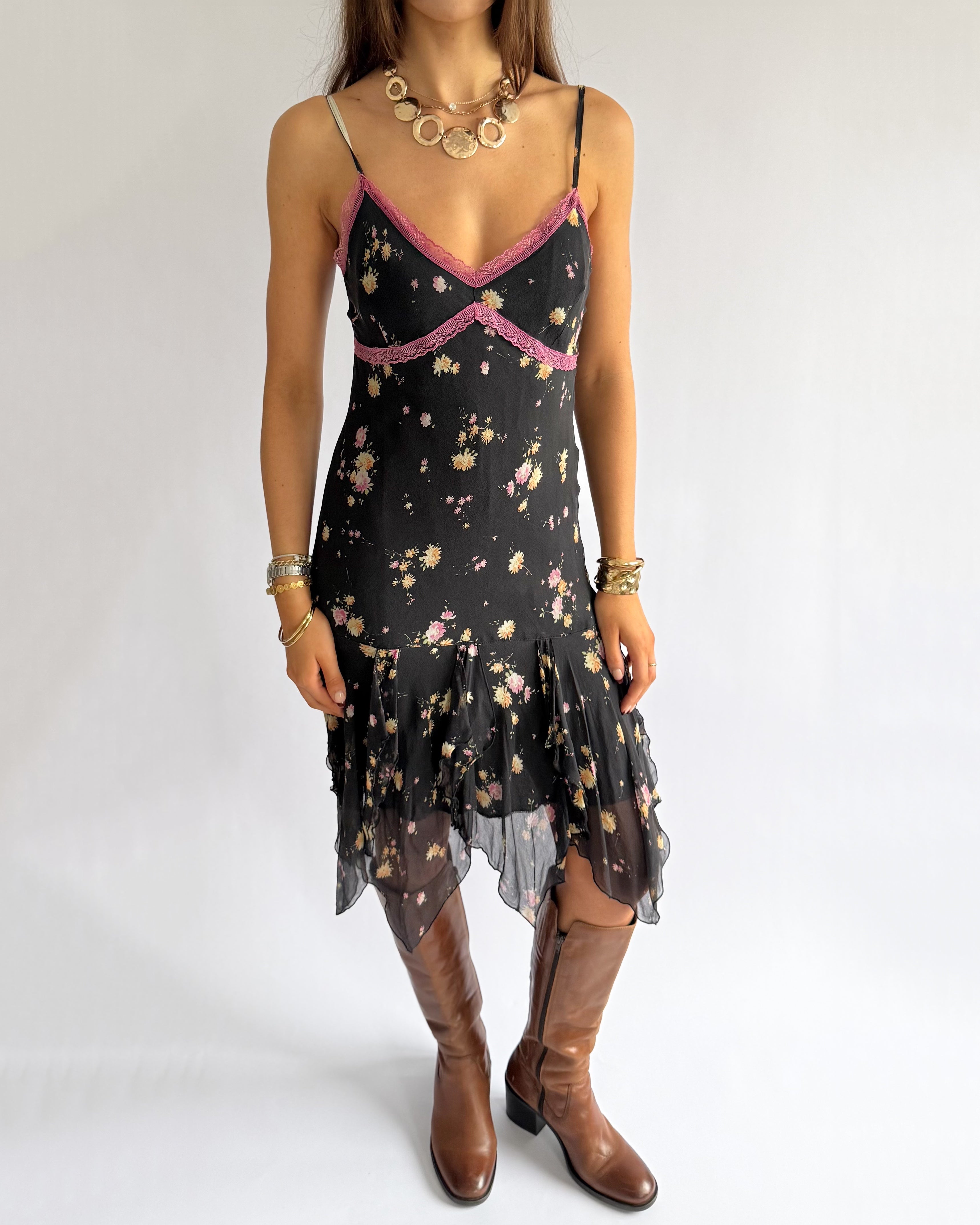 100% Silk Floral Asymmetric Midi Dress - Size L